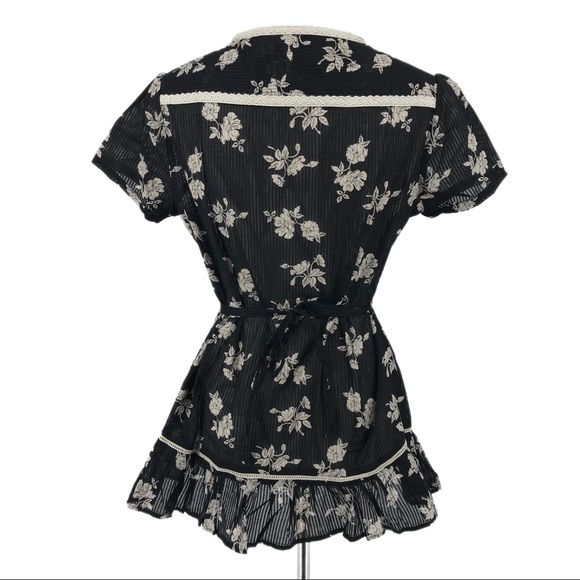 Honey Black White Floral Lace Trim Short Sleeve Blouse Size XL - Picture 4 of 7